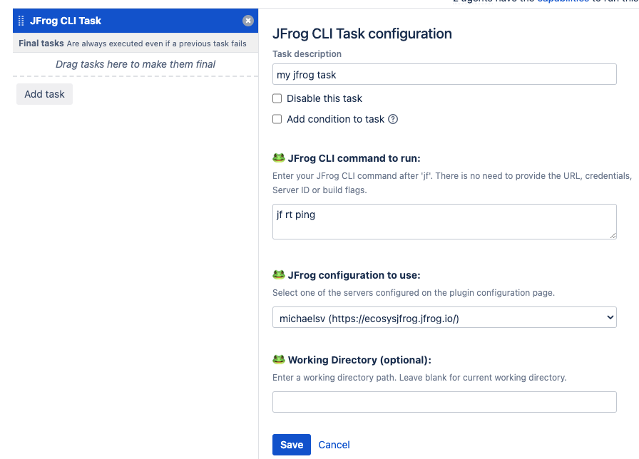 Configuring JFrog CLI task